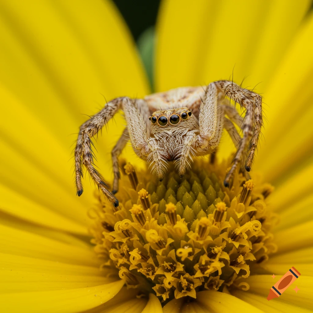 Macro photo of a spider on a yellow flower head