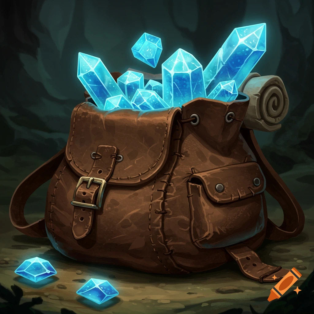 A brown leather adventurer's pack overflowing with glowing blue crystals, in an RPG illustration style.