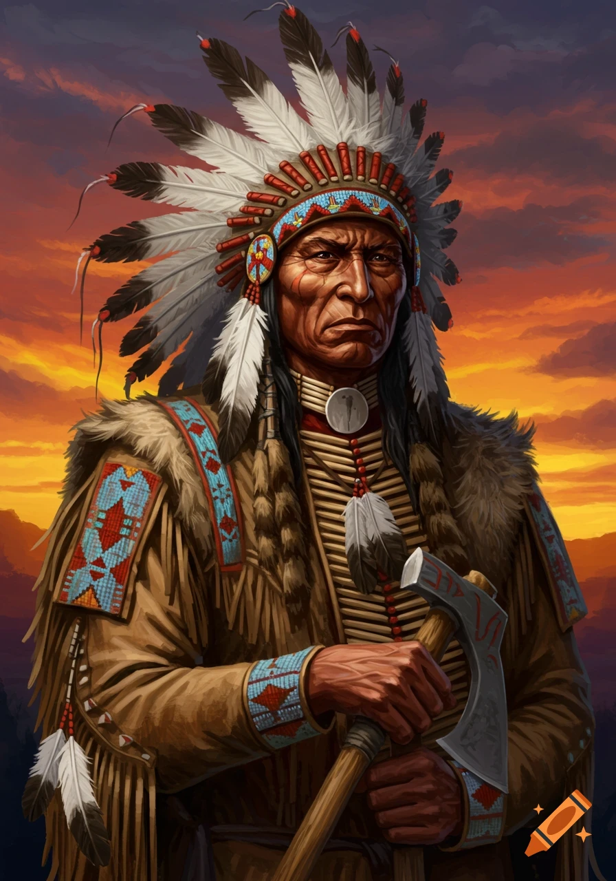 Portrait of a man in a Native American headdress and clothing holding an axe at sunset