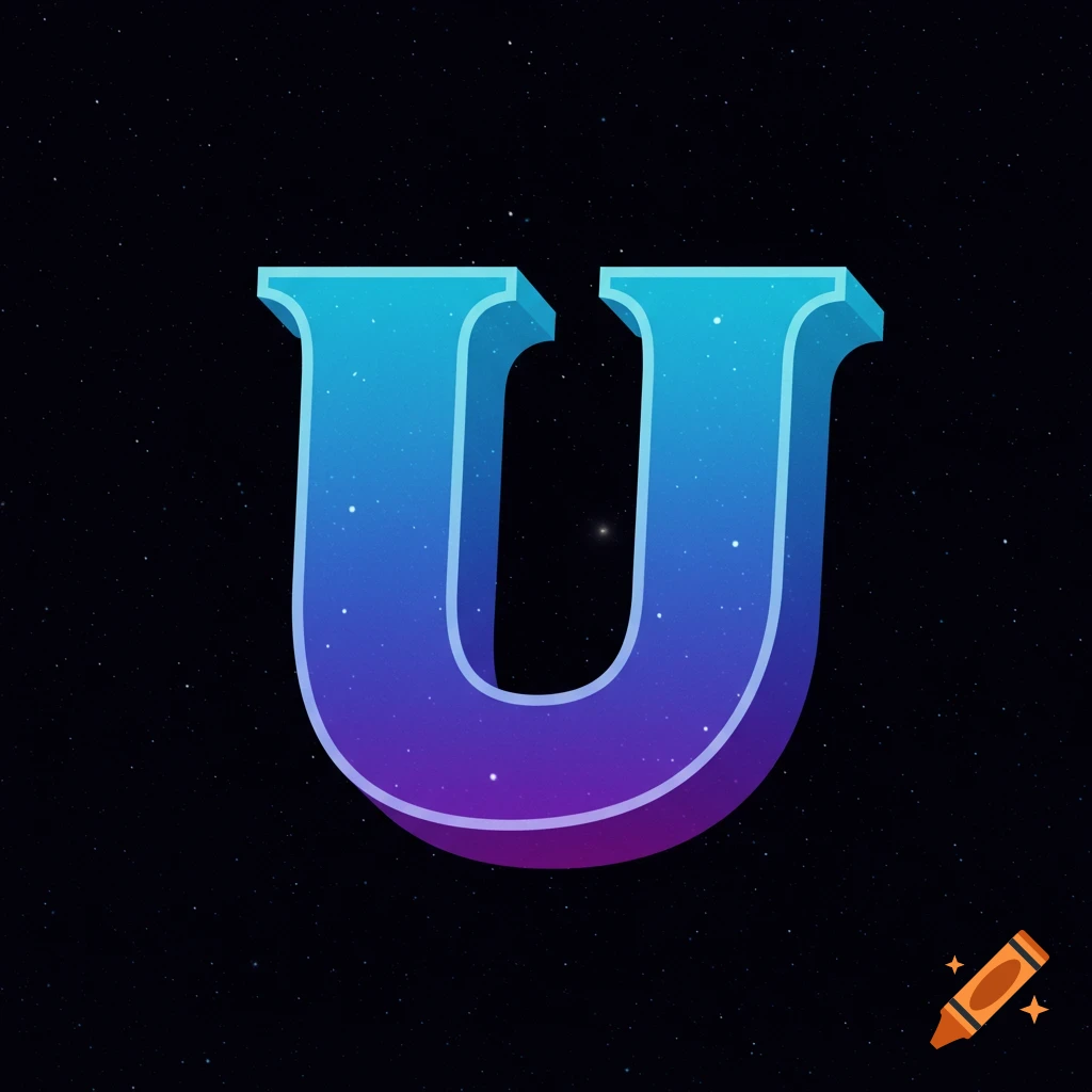 Large letter U filled with a starry space texture on a black, starry background