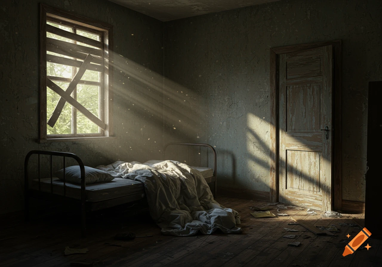 Abandoned room with bed, boarded window, and sunlight streaming through dust.