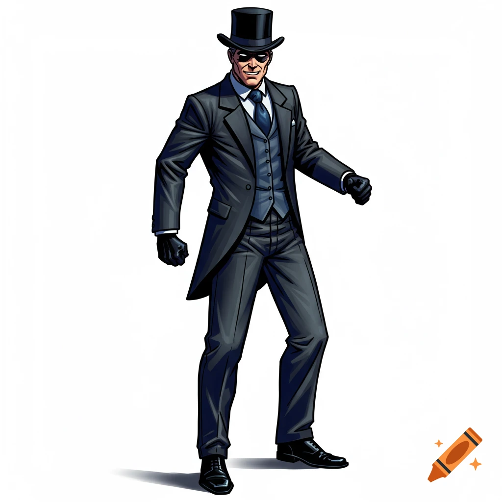 A stylized illustration of a man in a dark suit, top hat, and gloves in an action pose.