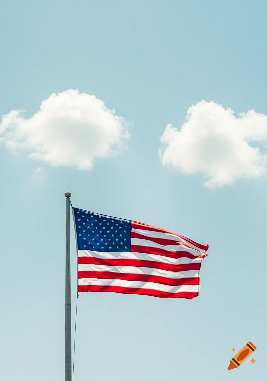 An American flag waves on a pole under a light blue sky with two clouds.