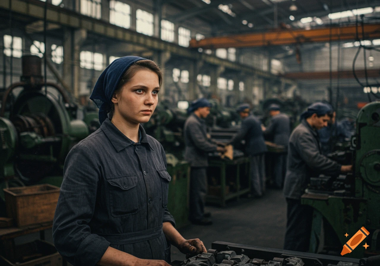 Young woman in headscarf and work clothes in a factory
