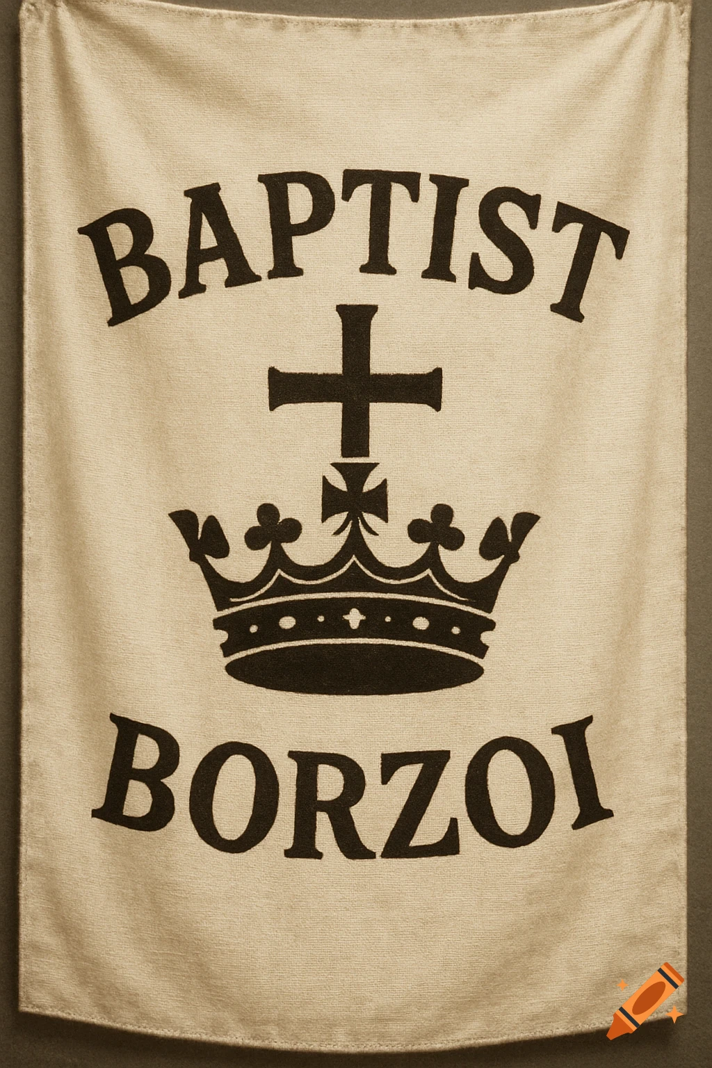 A banner with the text "BAPTIST" and "BORZOI", a cross, and a crown.