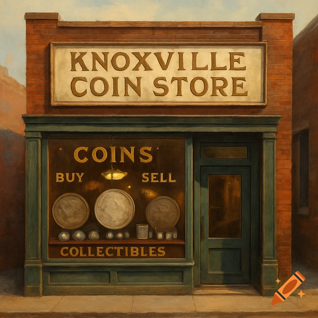 A painting of a vintage coin store storefront with signs that say "Knoxville Coin Store".