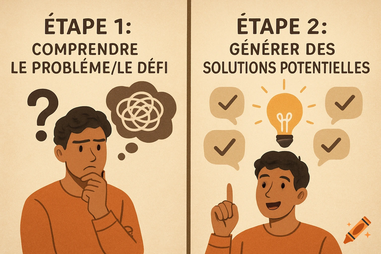 Two panels illustrating problem-solving. Left: Man thinking, question mark, tangled thoughts (Step 1: Understand the problem/challenge). Right: Man with idea lightbulb, checklist bubbles, pointing up (Step 2: Generate potential solutions). Illustration style.