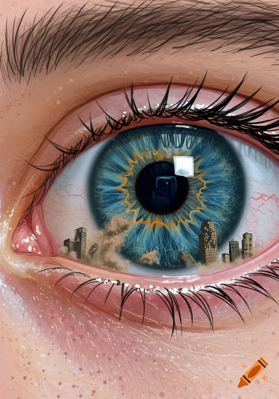 Close-up illustration of a blue eye with buildings collapsing inside the iris.