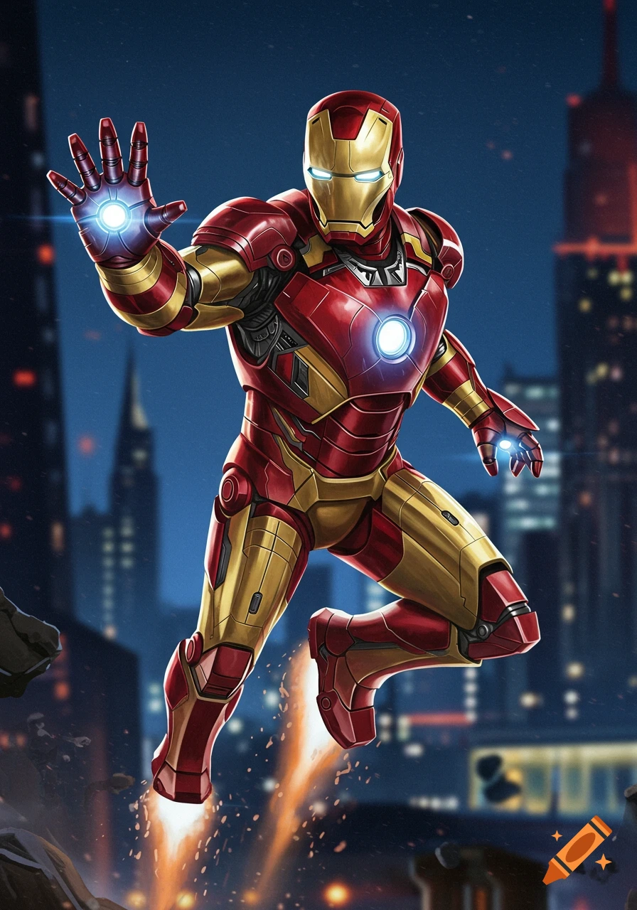 Iron Man flies over a city at night, hand raised with glowing repulsor, comic book style illustration.