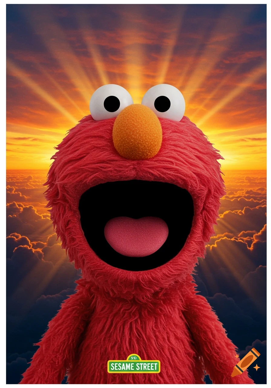 A fuzzy red Elmo looks up screaming at a bright sunrise over clouds.