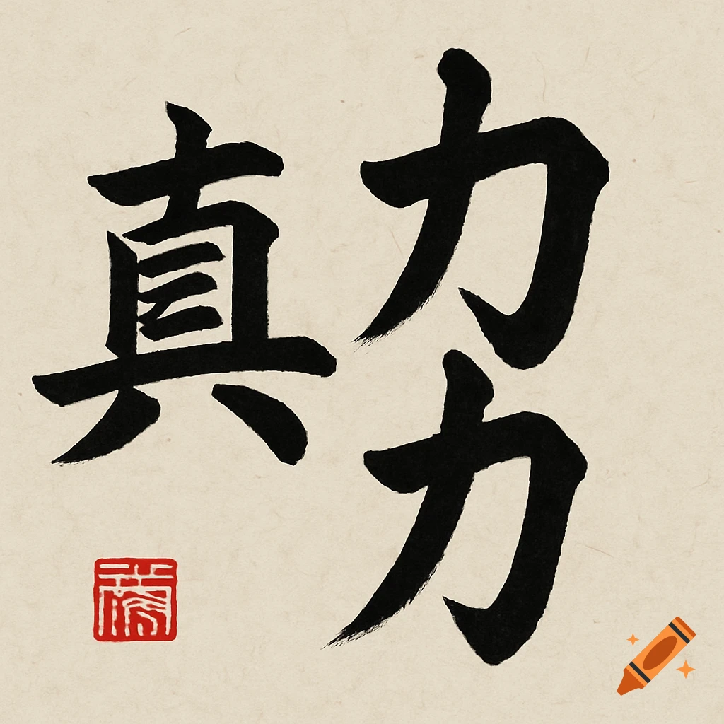 Black calligraphy for 'truth' and 'strength' with a red seal on textured paper.