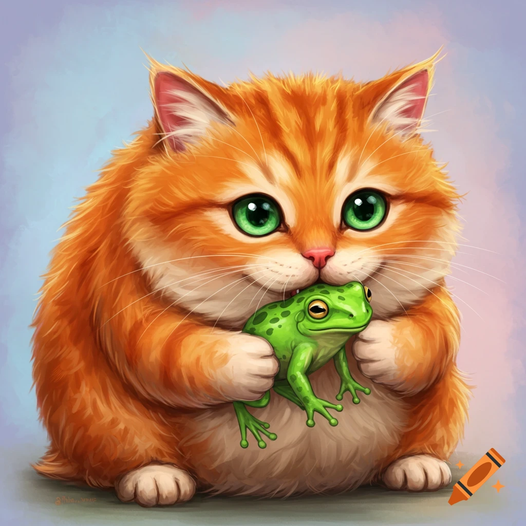 Fluffy orange cat holds a green frog in a digital illustration.
