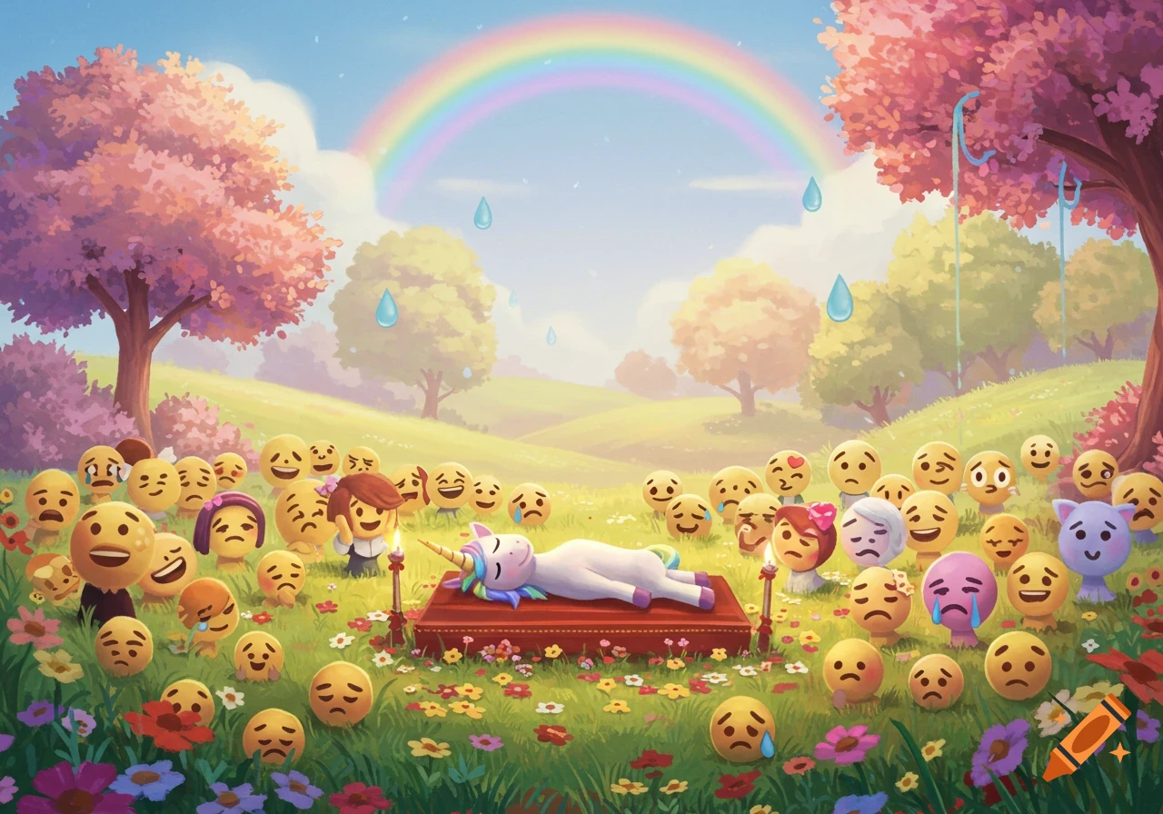 Cartoon image of a unicorn funeral attended by many sad and crying emojis in a field under a rainbow.