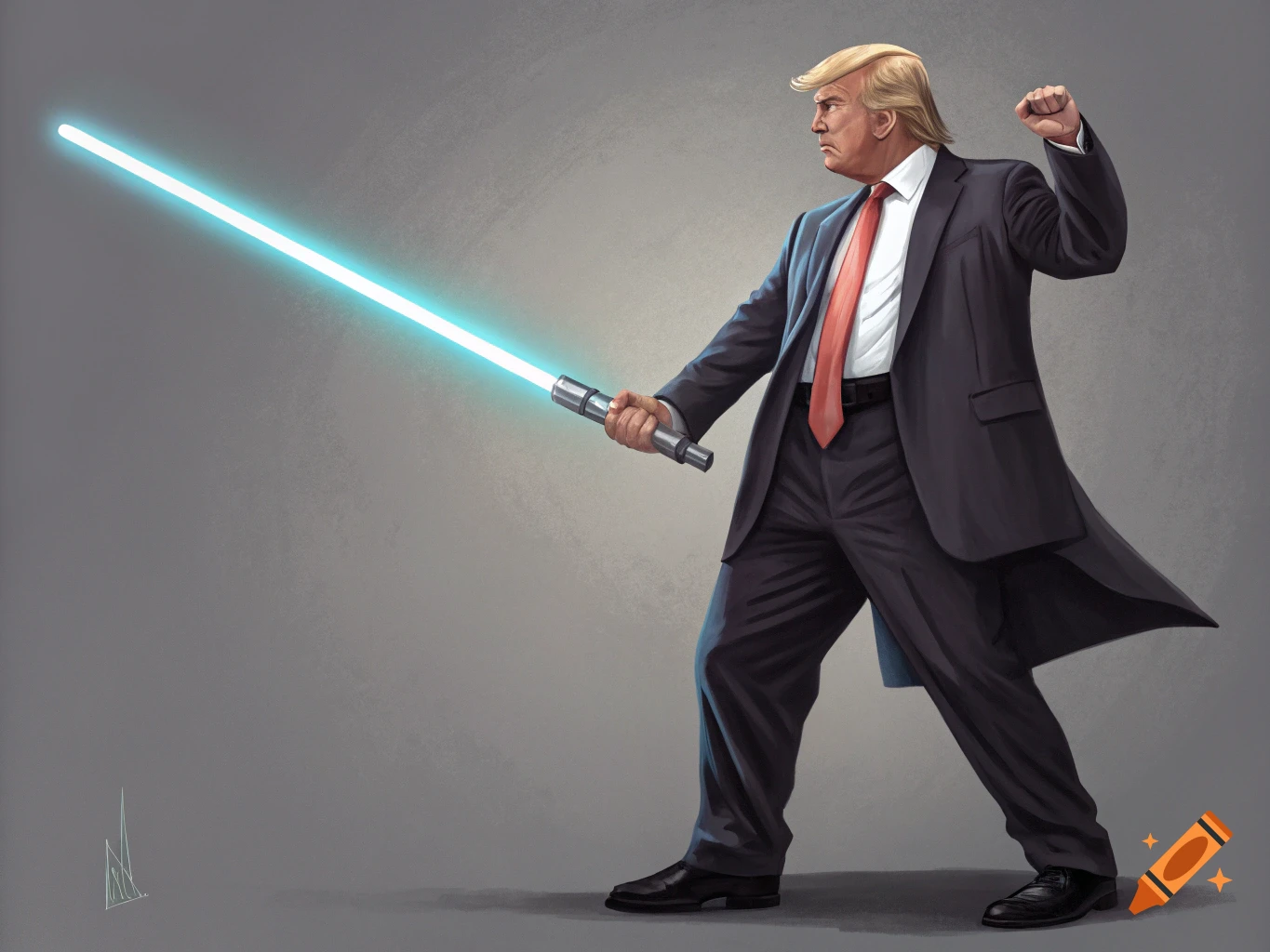 Illustration of Donald Trump wielding a glowing blue lightsaber