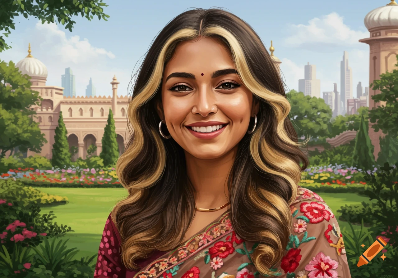 Portrait of a smiling woman in traditional Indian clothing in a garden setting.