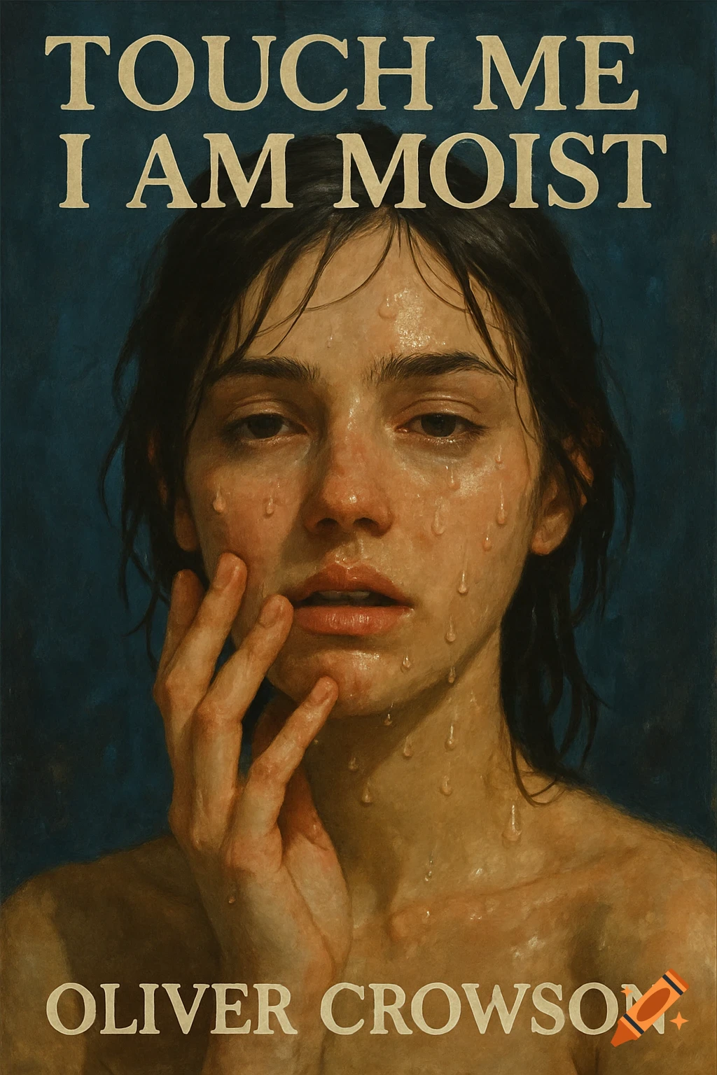 Artistic portrait of a woman with water droplets on her face and chest, with text above and below.