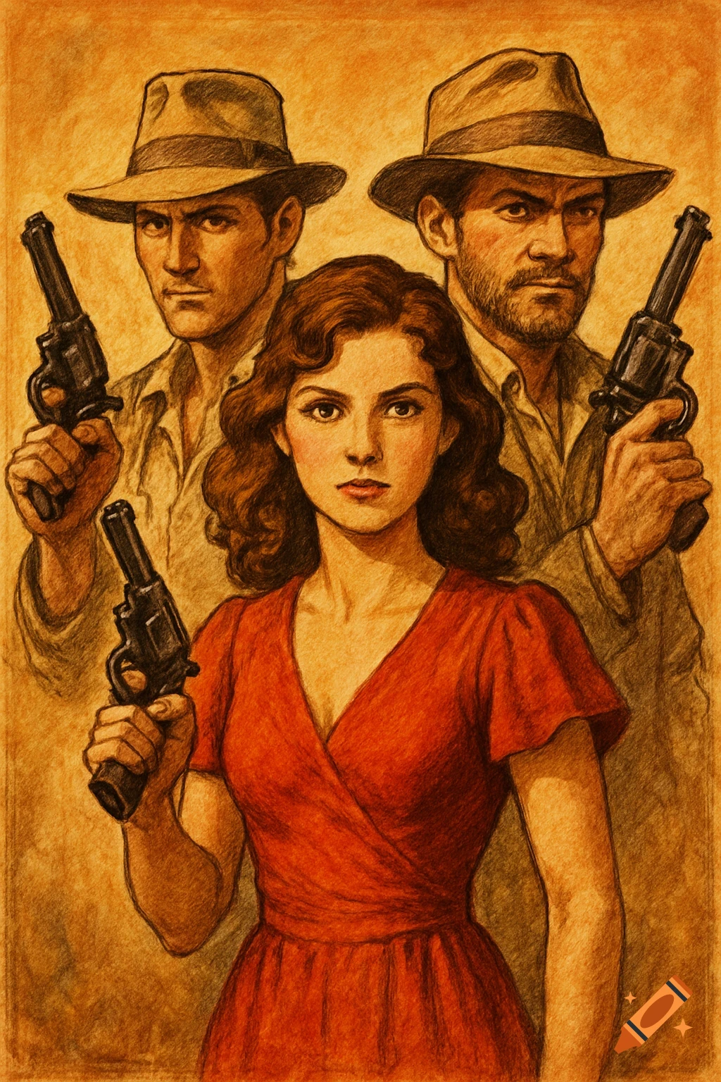 A woman and two men hold guns in a vintage pulp illustration style.