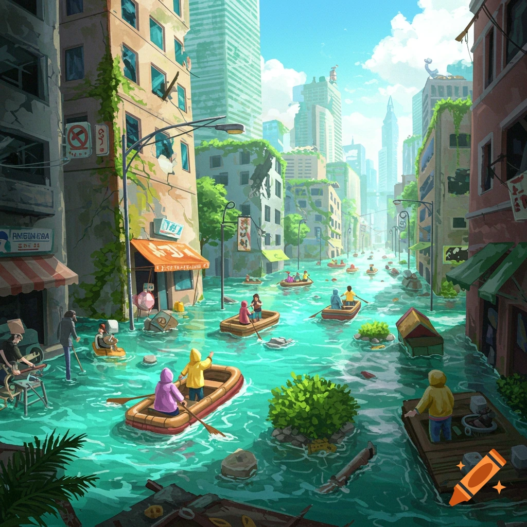 Illustrative image of a flooded city street with people in boats navigating past damaged buildings under a sunny sky.