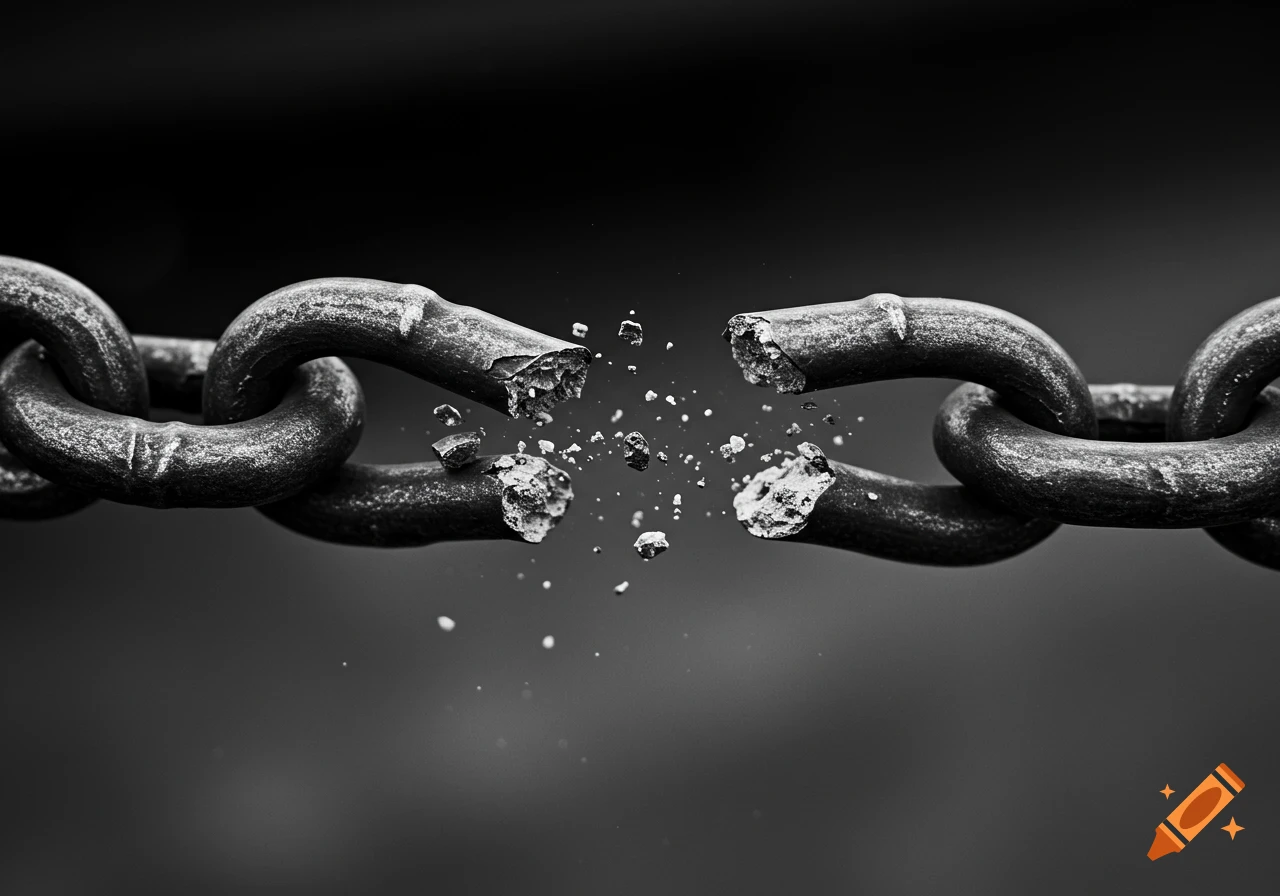 Close-up black and white photo of a metal chain link snapping with debris