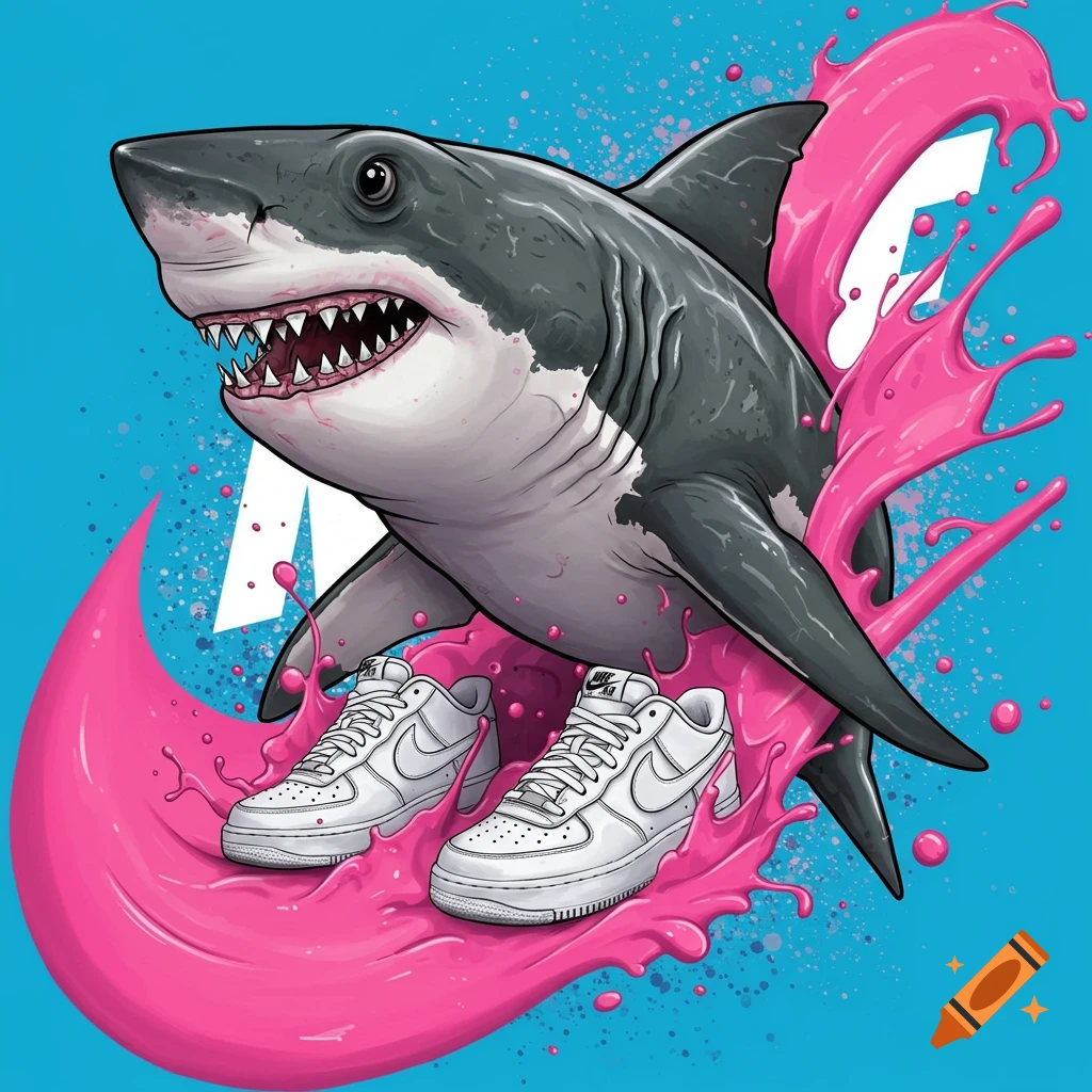 Cartoon shark wearing white Nike sneakers in a pink splash with a Nike swoosh background.