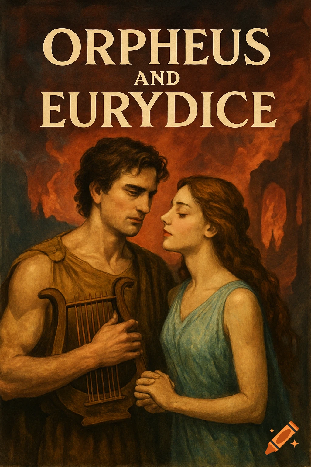 Promotional poster for Orpheus and Eurydice, showing a man with a lyre and a woman, painterly style.