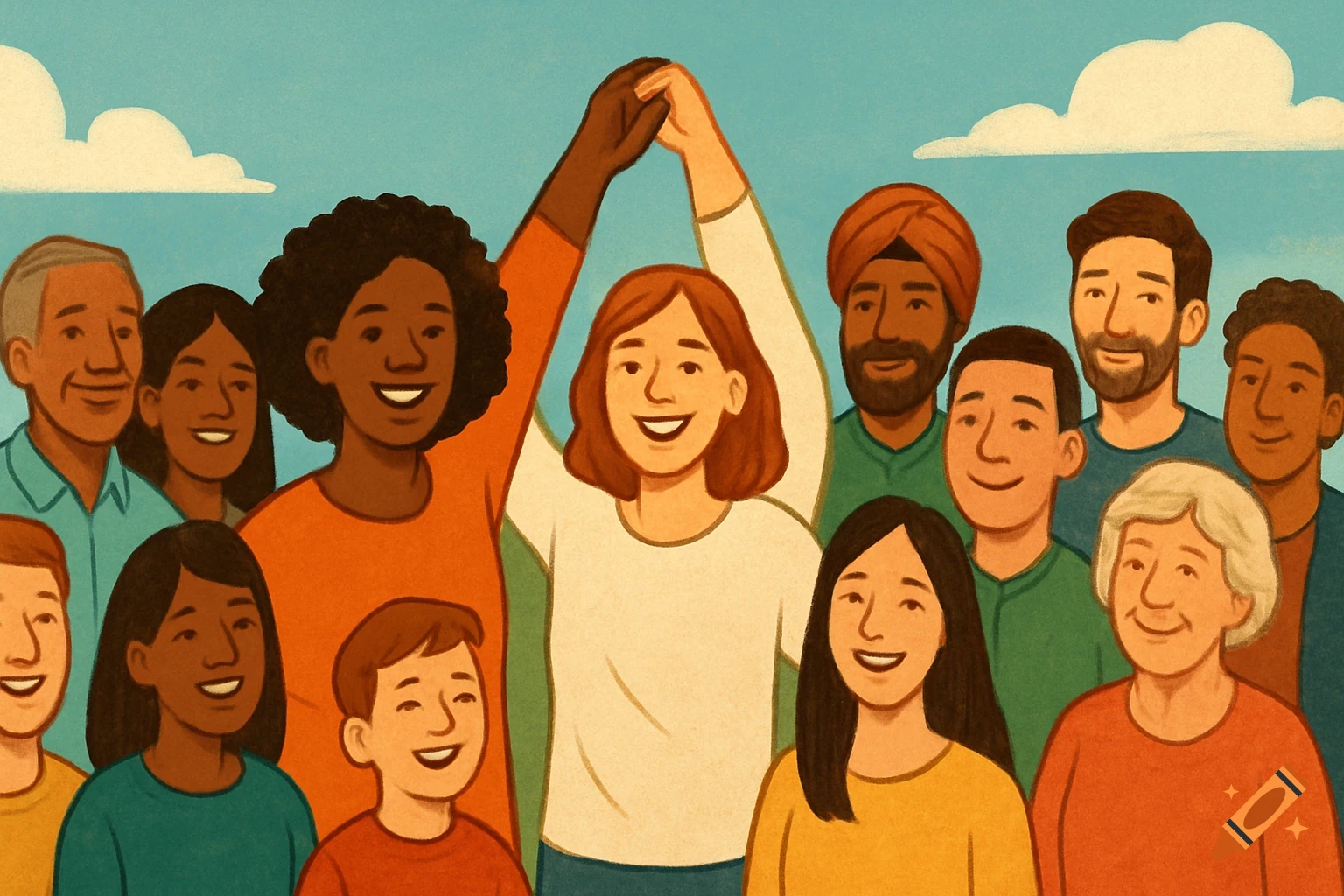Illustration of a diverse group of smiling people standing together, two raising joined hands.