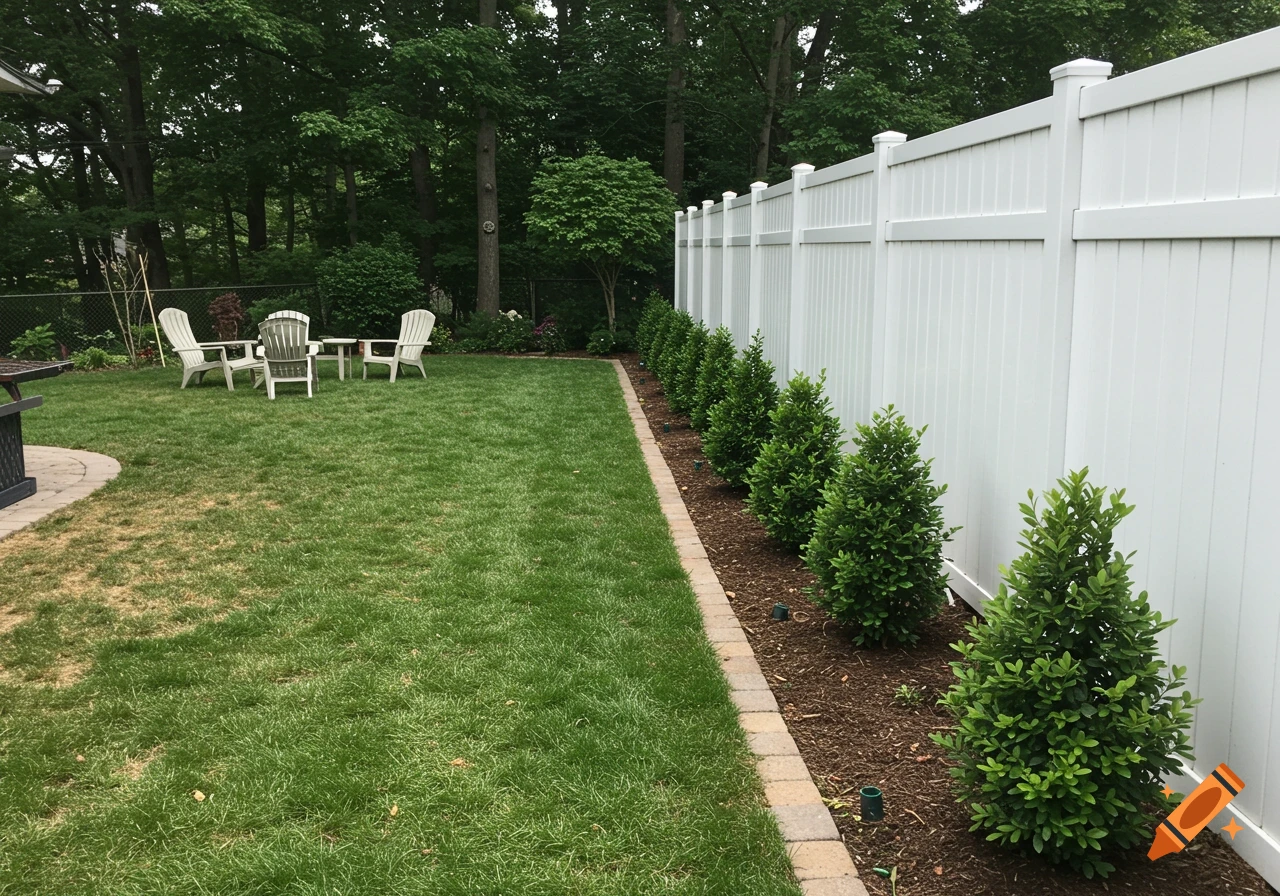 A backyard with a patio seating area and a white fence lined with bushes.