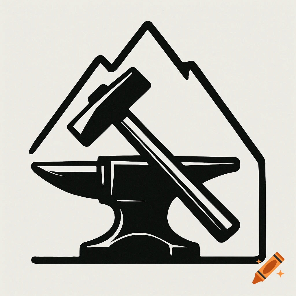 Black and white graphic logo of a hammer crossed over an anvil within a mountain outline.