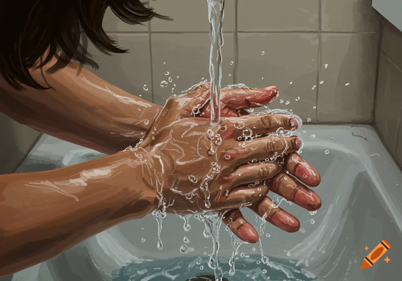 Digital painting of hands washing under running water in a sink.