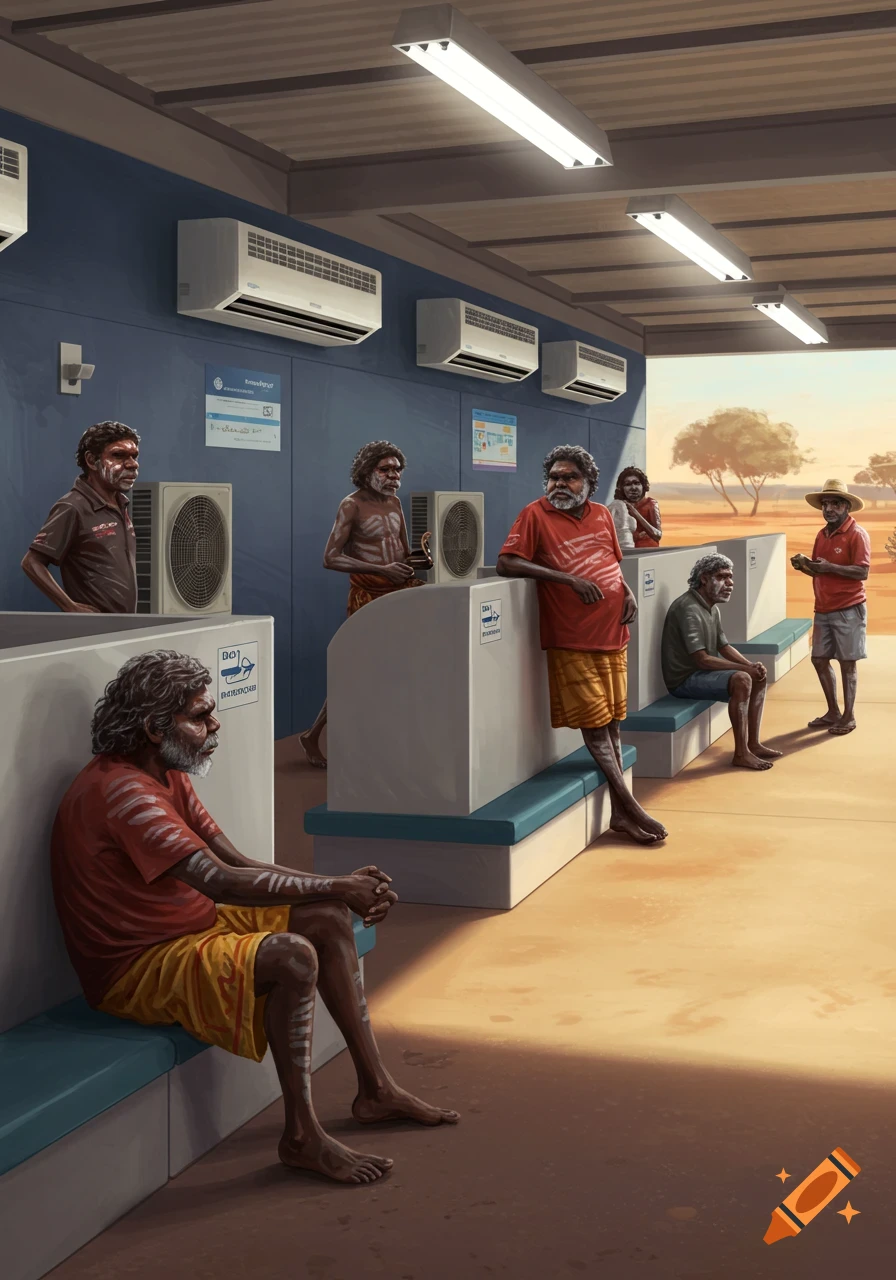 Aboriginal Australians and farmers in an indoor cooling center with air conditioning, painting style.