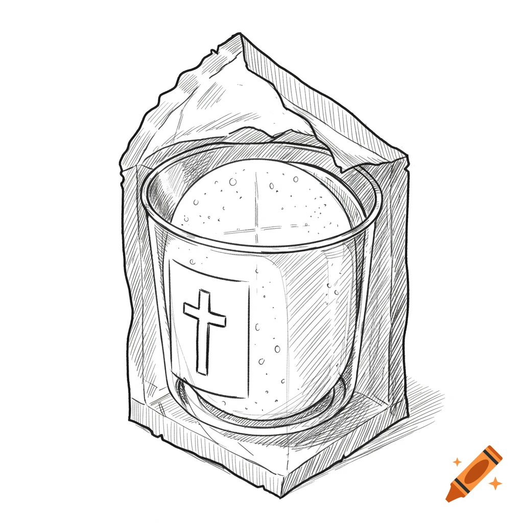 Line drawing of a prepackaged communion cup being opened, showing a wafer inside. It has a cross label.
