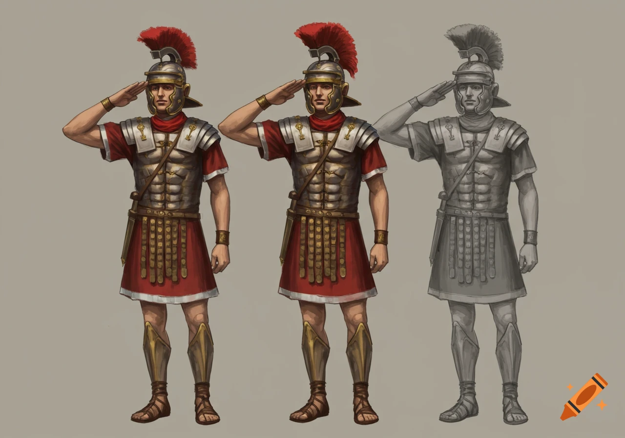 Three Roman soldiers in armor, two color and one grayscale, saluting.
