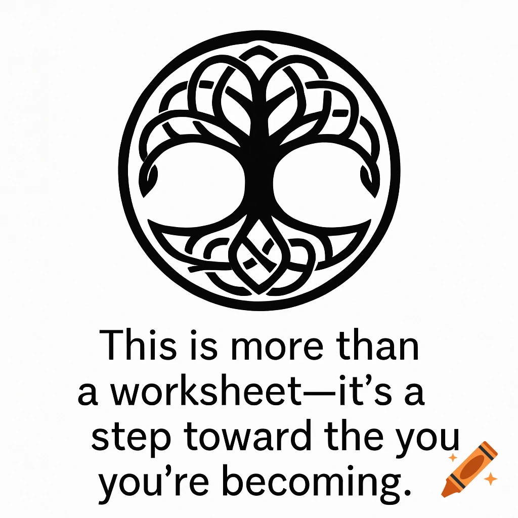 Black and white illustration of a Celtic tree of life symbol above inspirational text.
