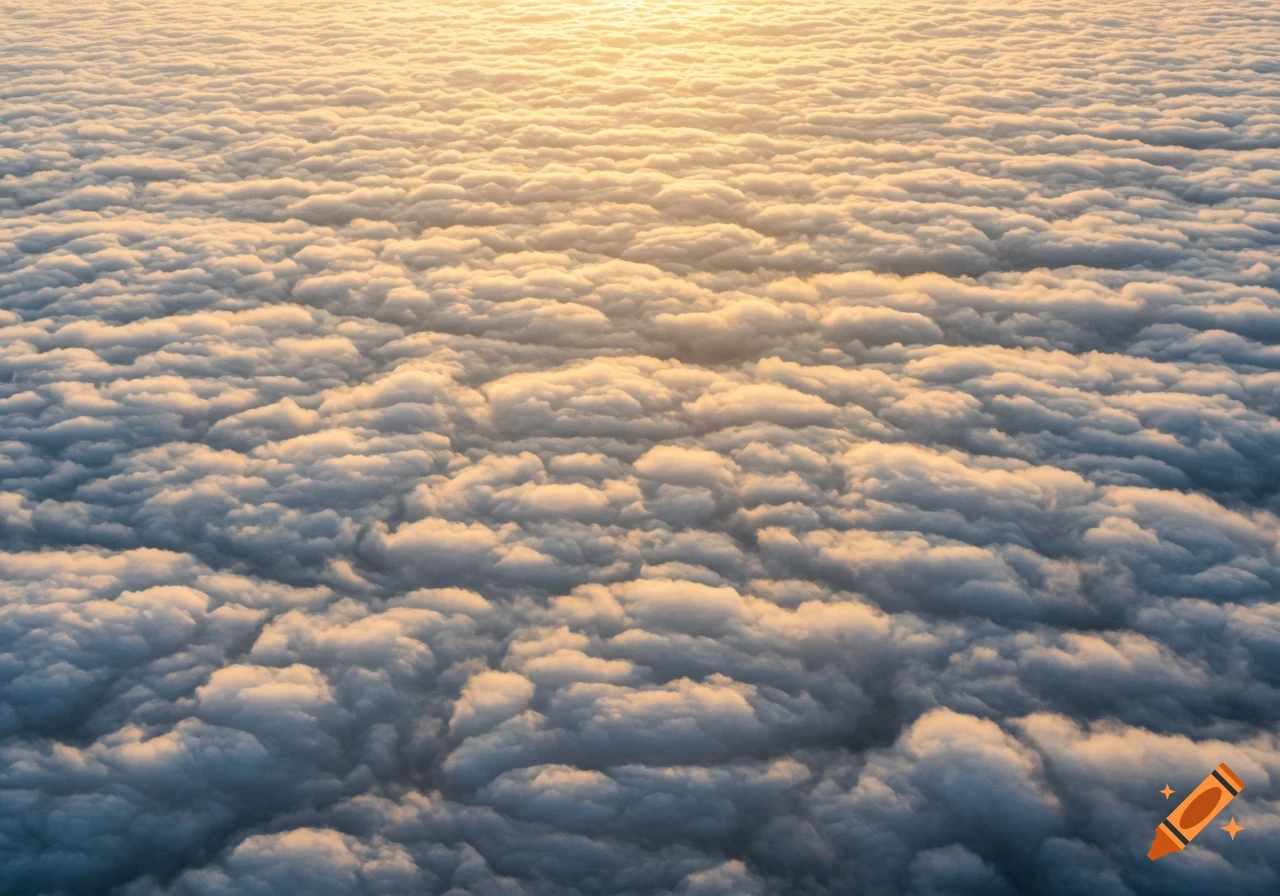 Aerial view looking down at a vast expanse of clouds lit by warm sunlight.