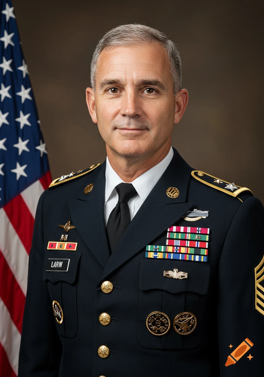 Portrait of a man in an American Army uniform next to a flag.
