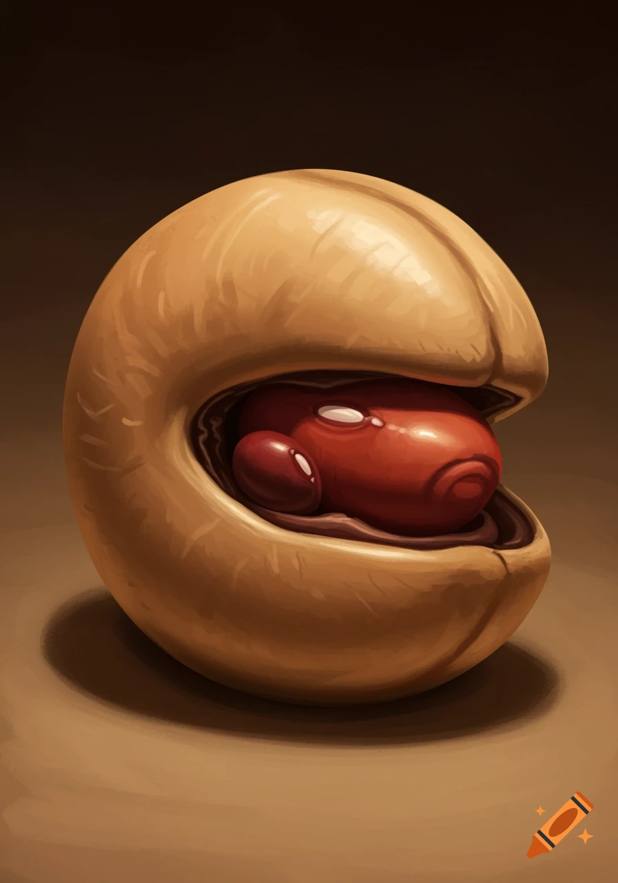 Stylized tan seed pod opening to show red beans inside