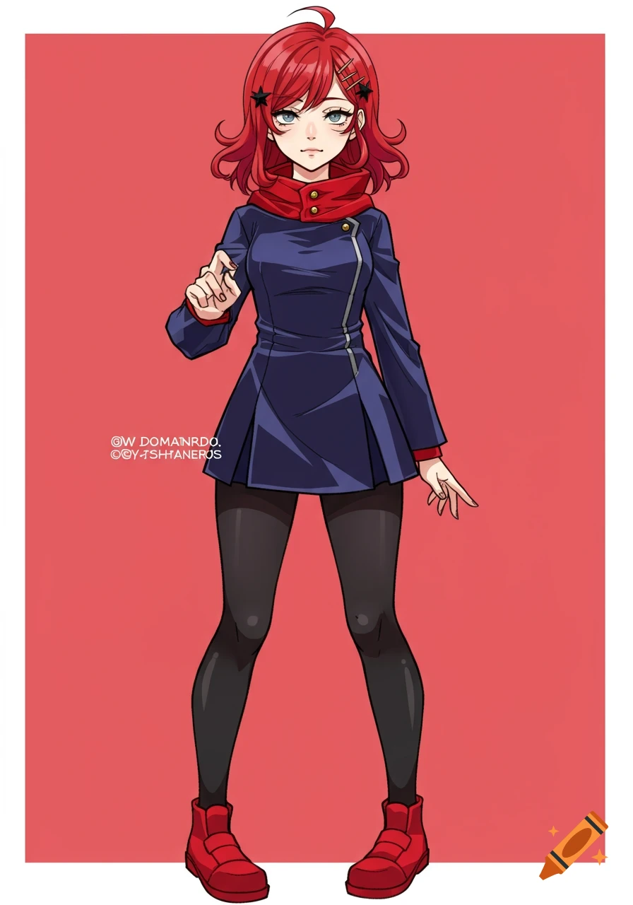 Full body anime character with red hair, dark uniform, black tights, and red shoes standing against a red background.