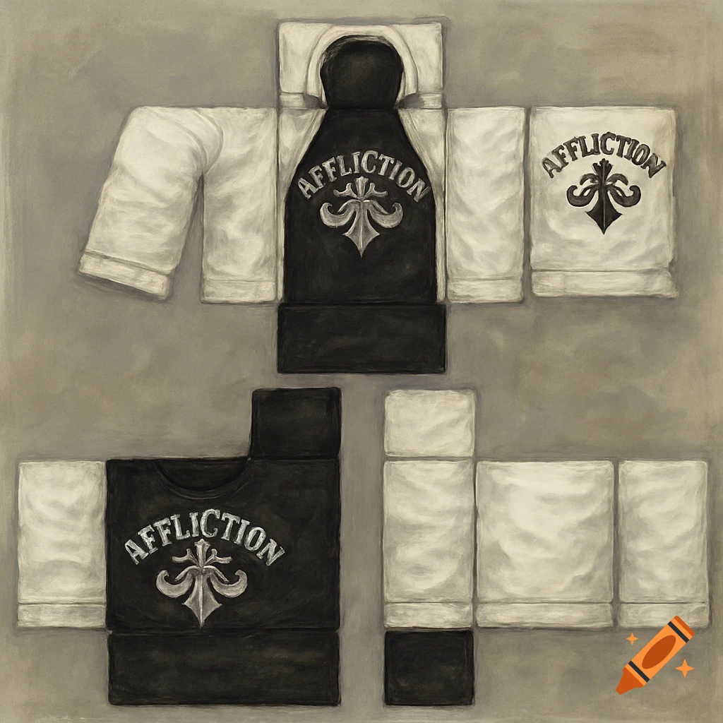 Roblox clothing templates for a black jacket and t-shirt featuring the 'Affliction' logo.
