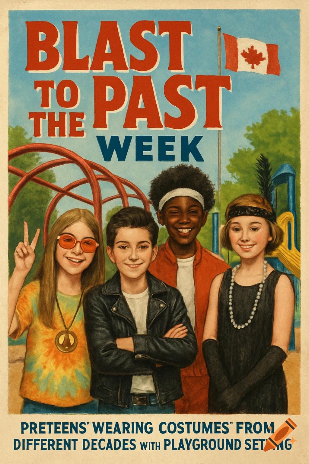 Poster illustration of four preteens in costumes from different decades at a playground.