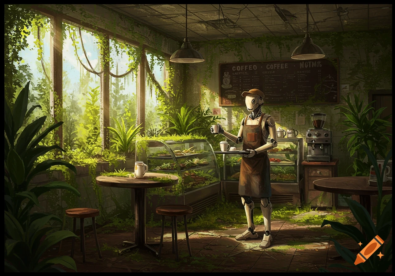 A robot barista serves coffee in an abandoned, overgrown coffee shop filled with lush green plants. Artistic style.
