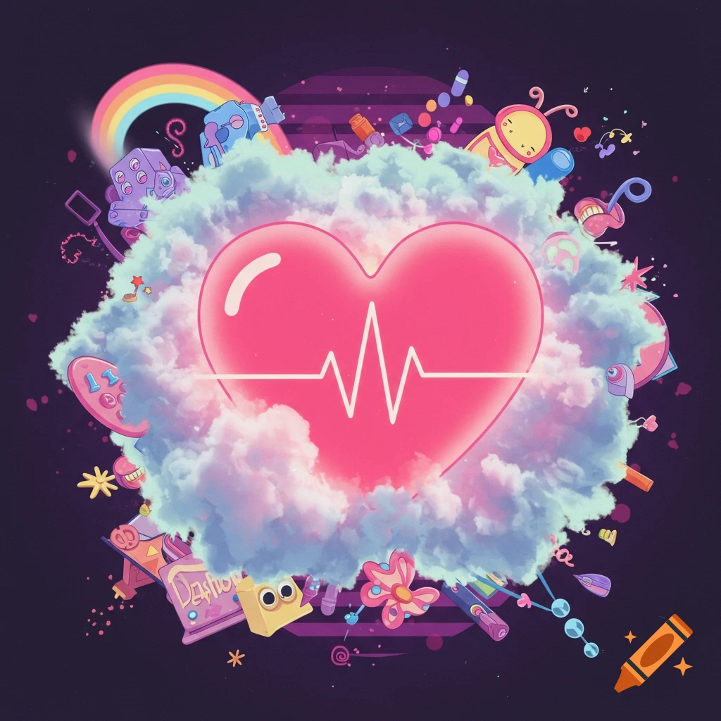 Cartoon heart with heartbeat surrounded by a cloud of random objects and a rainbow, in a vaporwave style