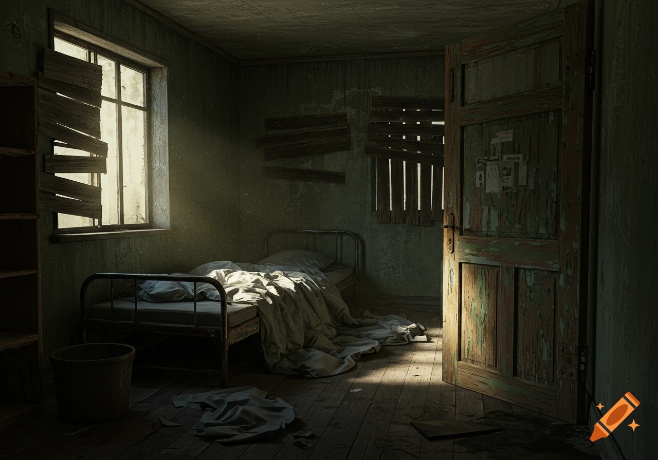 An abandoned room with a bed, boarded window, and open door, lit by sunlight.