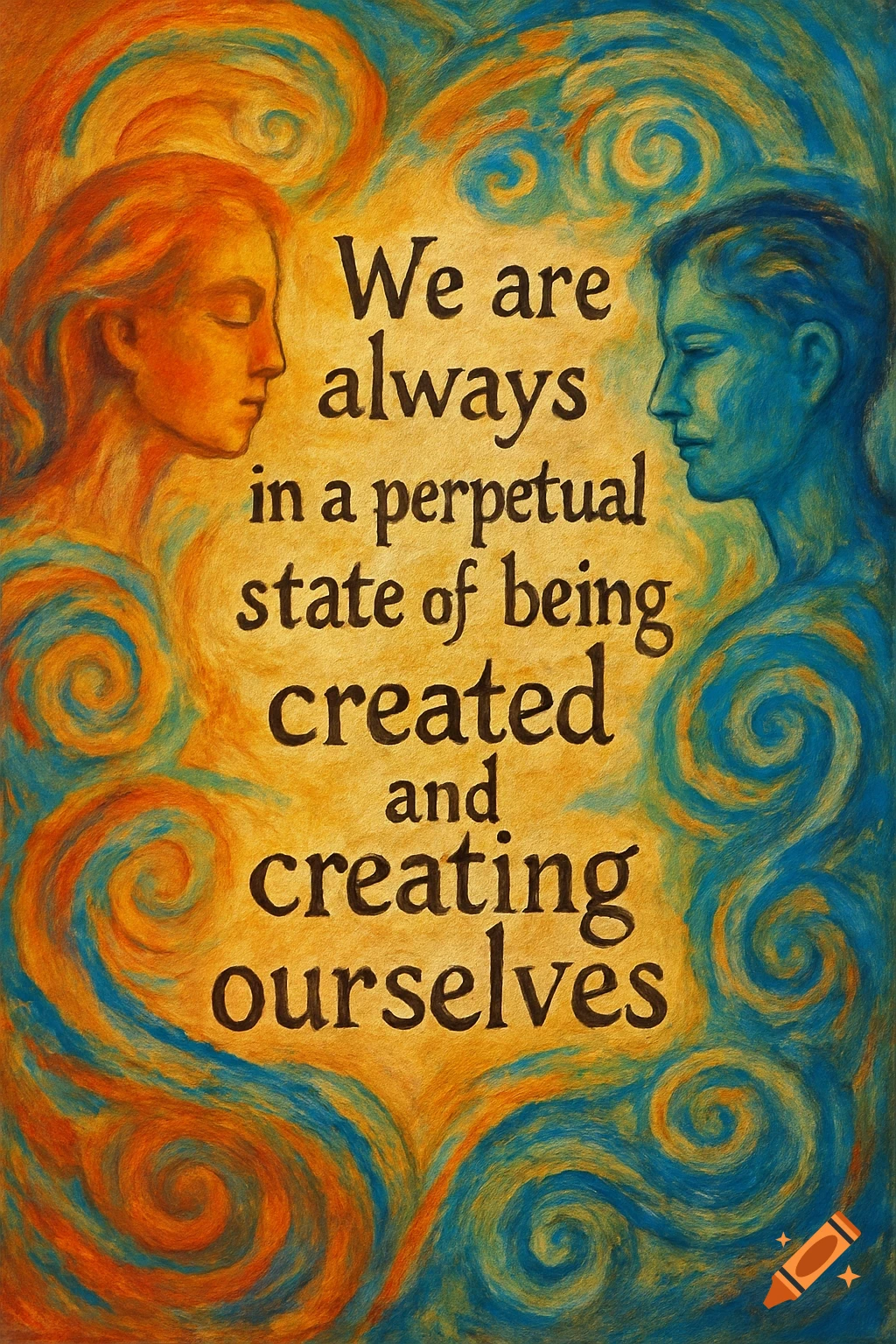 A painting with two stylized figures facing each other, surrounded by swirling orange and blue, with text in the center.