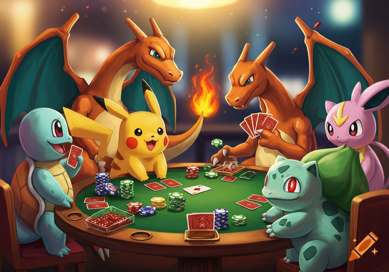 Pikachu, Charizard, Squirtle, Bulbasaur, and Espeon play poker at a table with chips and cards.