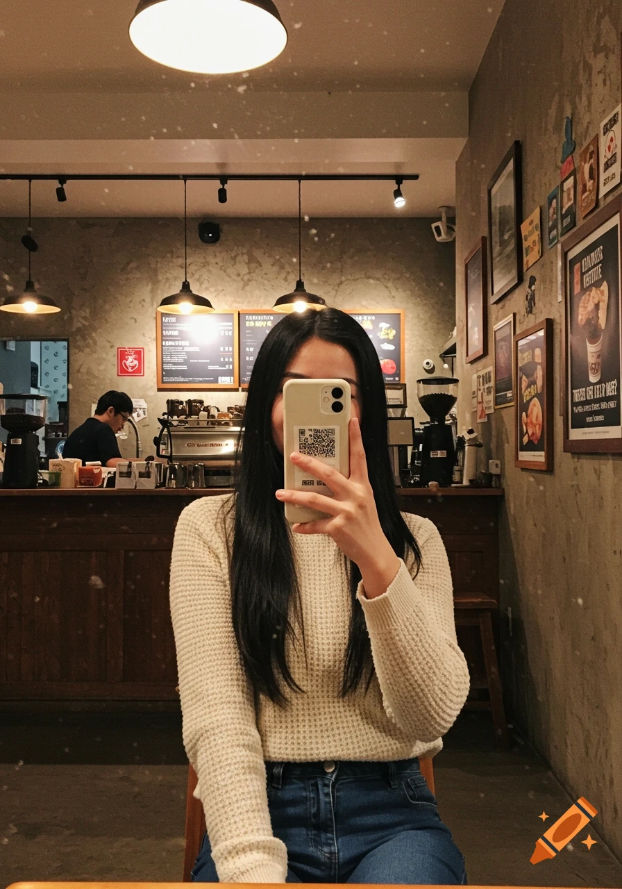 A woman takes a selfie in a coffee shop.
