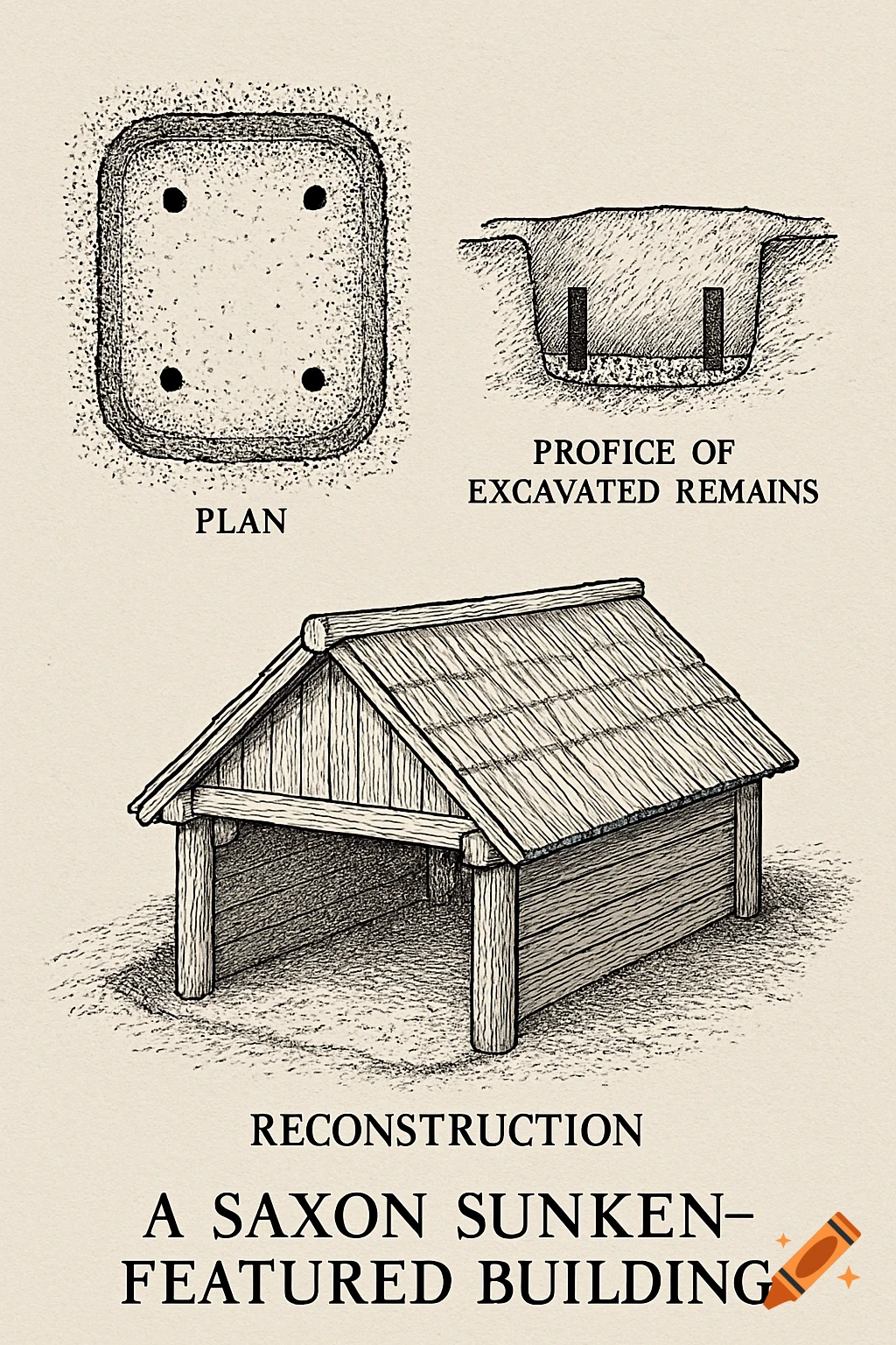 Archaeological illustration showing plan, profile, and reconstruction of a Saxon sunken building.