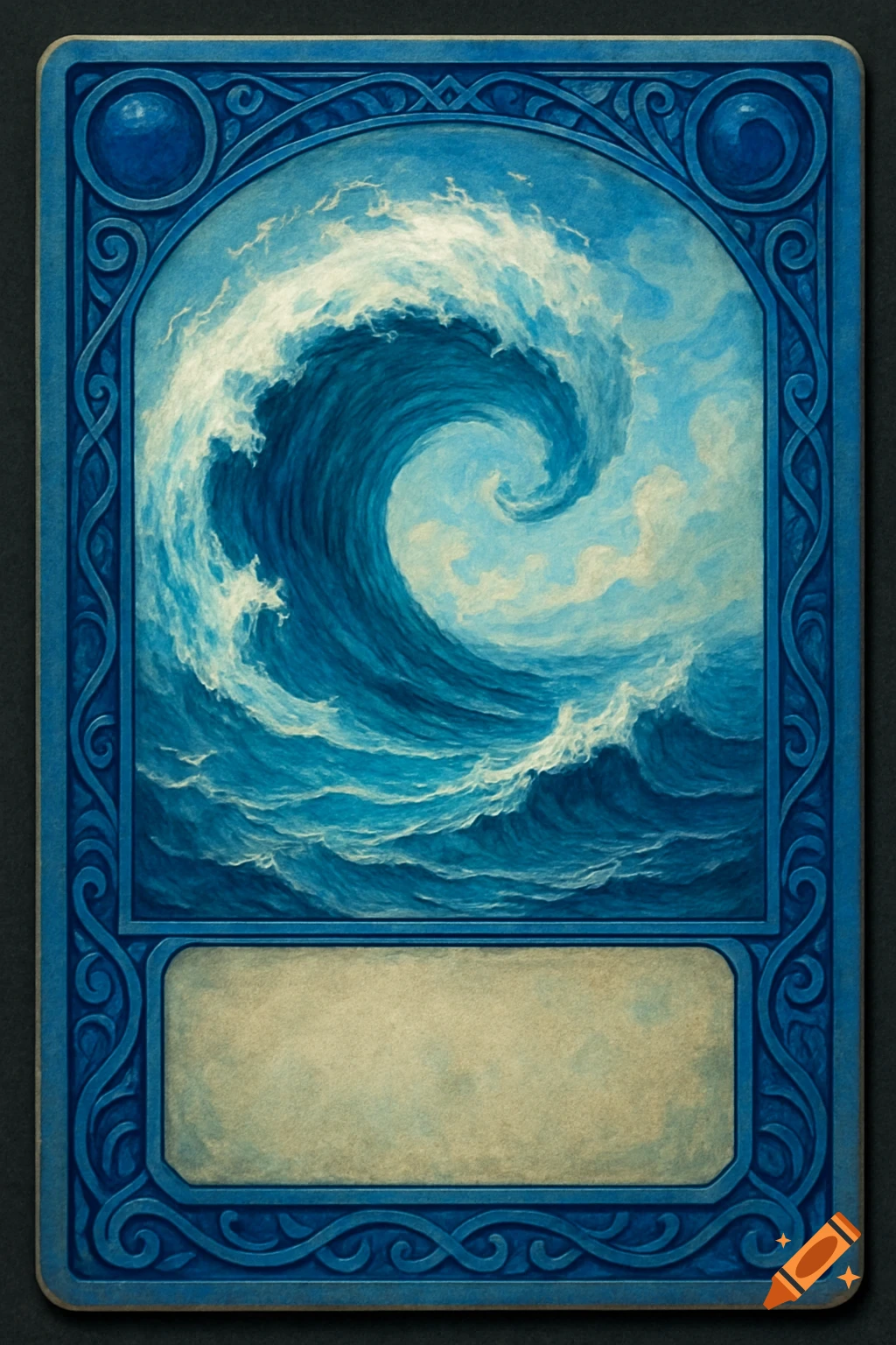Blue trading card with a large crashing wave illustration