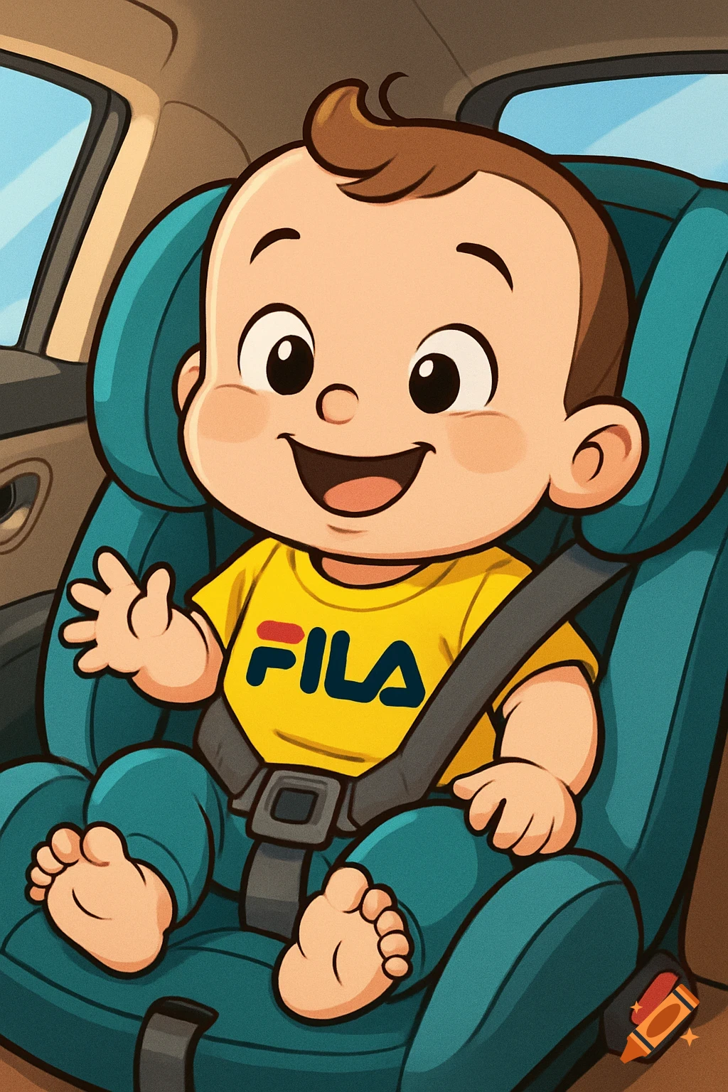 Cartoon baby smiling in a car seat wearing a yellow Fila shirt.