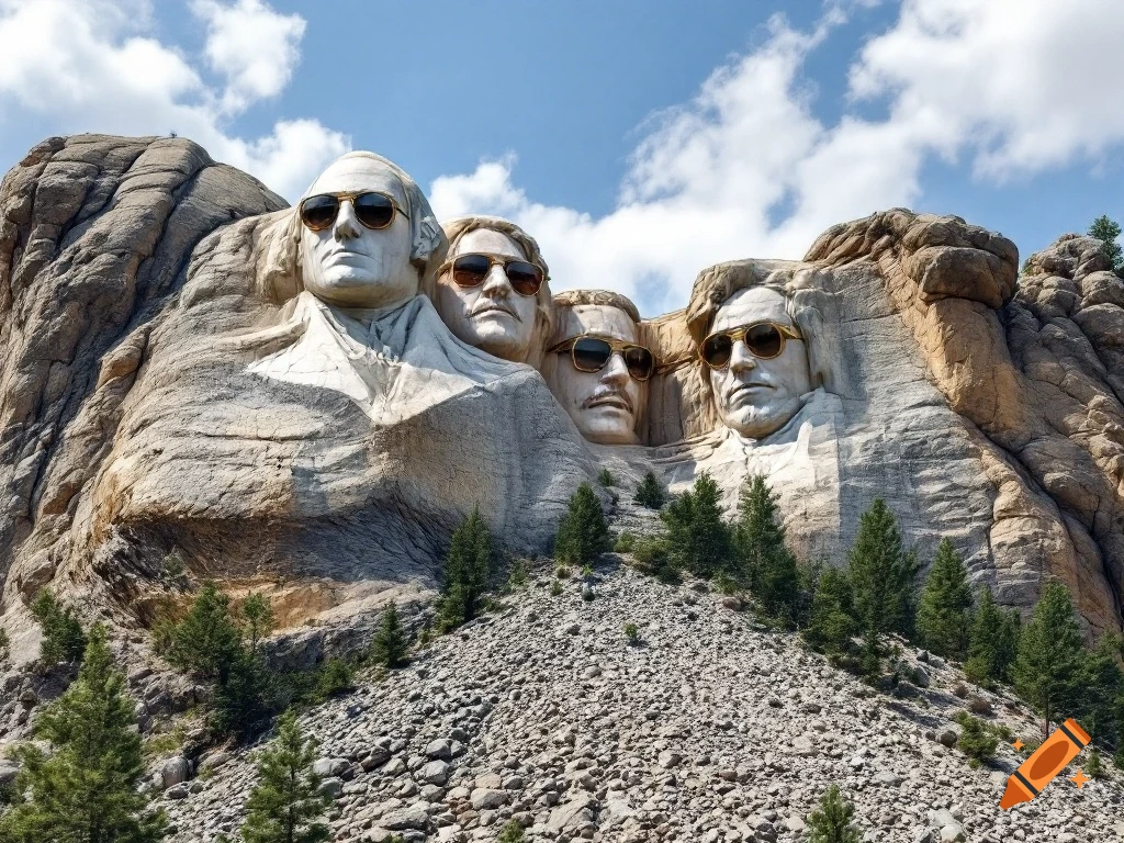 Faces resembling Sam Cooke, Stevie Wonder, Marvin Gaye, and Isaac Hayes carved into a mountain like Mount Rushmore, all wearing sunglasses.
