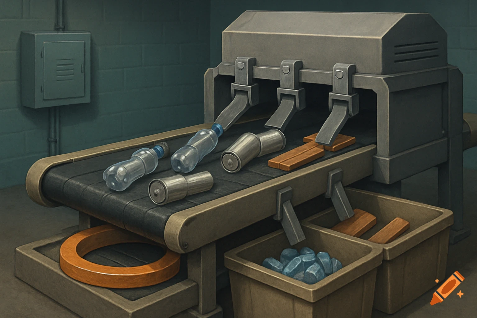 Sorting machine on a conveyor belt processing bottles, cans, and wood.